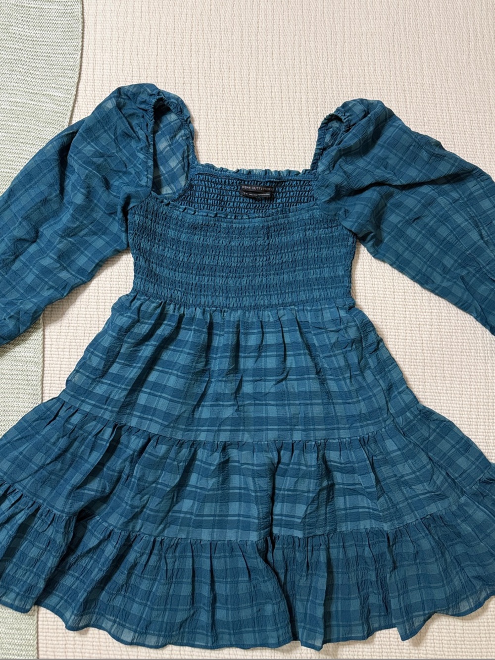 Urban Outfitters Teal Plaid Smocked Puff-Sleeve Dress - Casual Tiered Style
